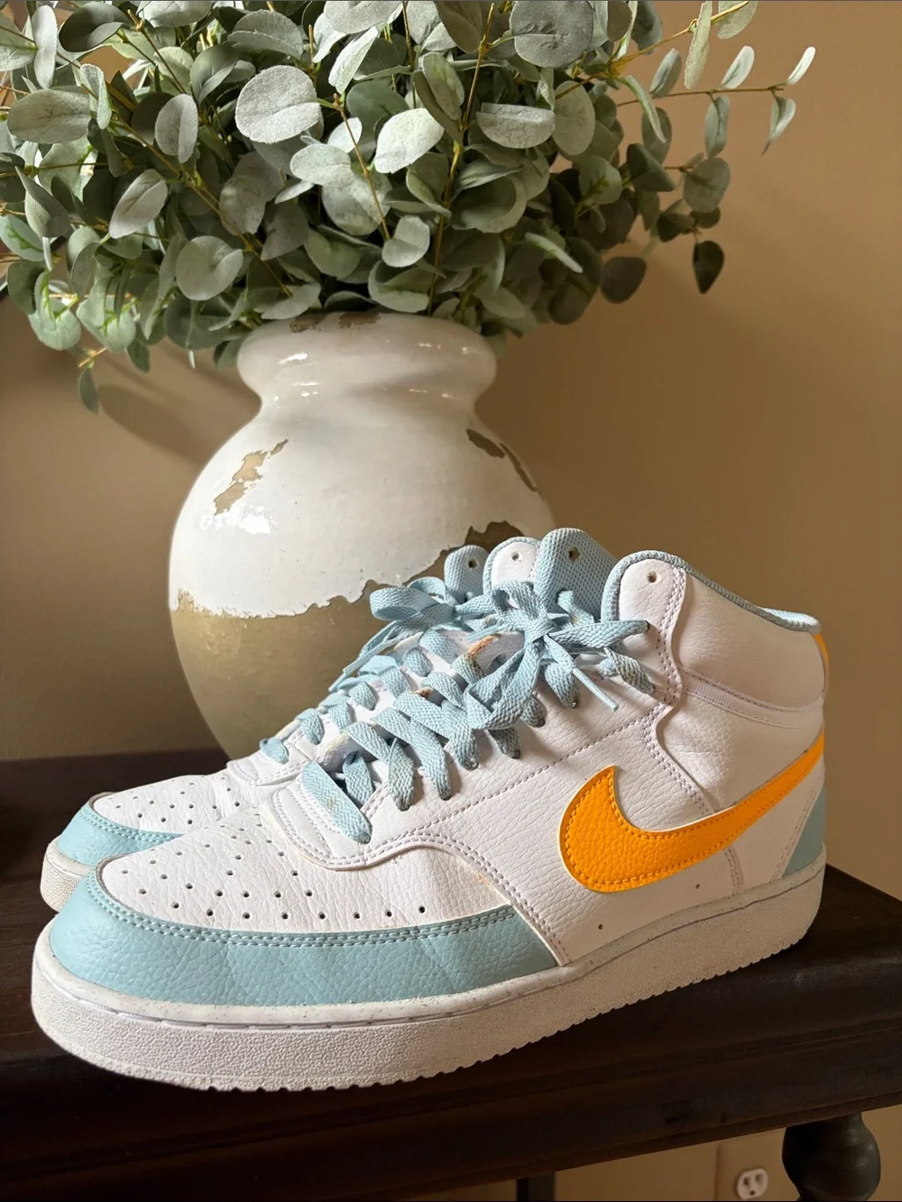Nike White, Light Blue and Yellow High-Top Athletic Sneakers